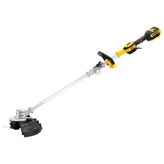 DEWALT cordless brushless string trimmer with yellow and black handle and guard, 18V model DCMST561N.