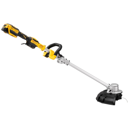 DEWALT cordless string trimmer with yellow and black handle, silver shaft, and black trimming head on white background.