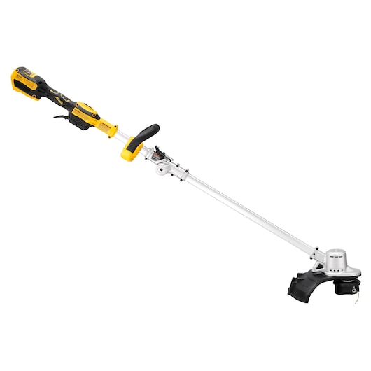 DEWALT cordless string trimmer with yellow handle and long silver shaft, used for lawn and garden maintenance.