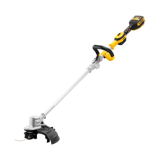 A DEWALT cordless string trimmer with a yellow and black handle, a long silver shaft, and a black cutting head protector. The model visible is brushless and powered by an 18V battery.
