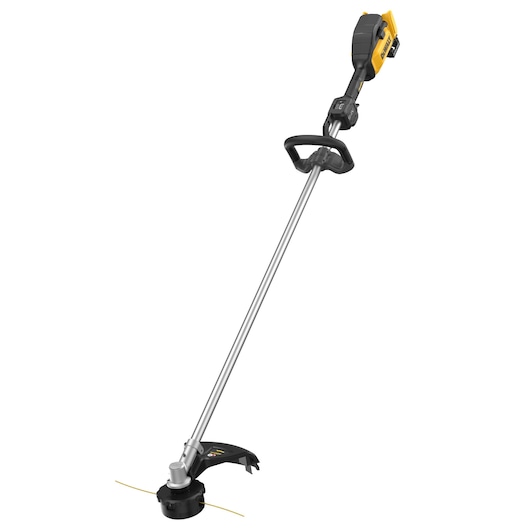 A DEWALT cordless string trimmer with a yellow and black motor, silver shaft, and black handle on a white background.