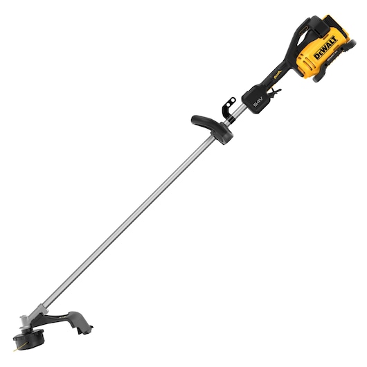 A DEWALT cordless string trimmer with a yellow and black motor and handle, a straight metal shaft, and a cutting head with protective guard.