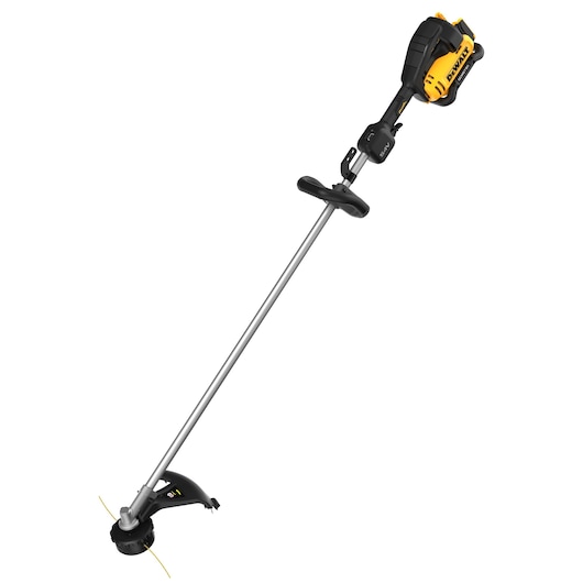 A DEWALT cordless string trimmer with a yellow and black motor housing, straight shaft, and trimming head featuring yellow trimmer line.