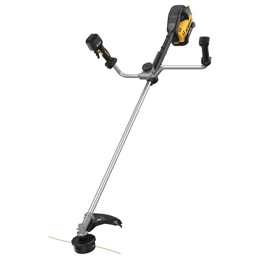 A cordless DEWALT grass trimmer with a straight shaft, dual handles, and yellow and black detailing.
