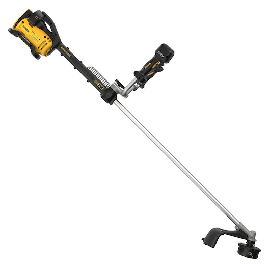 A DEWALT cordless grass trimmer with a yellow and black design, featuring a straight shaft and ergonomic handle. The model shown is DCMST922N and it is positioned diagonally against a white background.