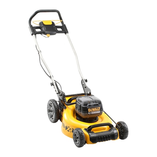A yellow and black DEWALT cordless lawn mower with a handle and four wheels, designed for outdoor grass cutting.