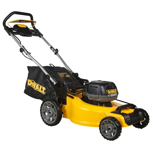 A DEWALT cordless electric lawn mower with a yellow and black design, a grass collection bag on the back, and large durable wheels.