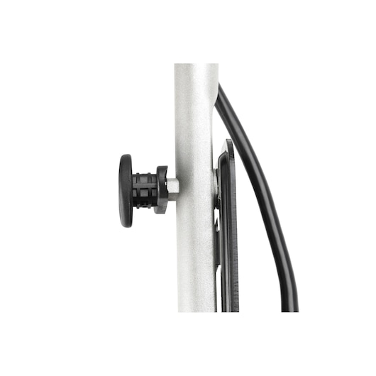 Close-up side view of a metal tube with an attached black plastic knob and a cable running beside it, likely part of a DEWALT equipment component.