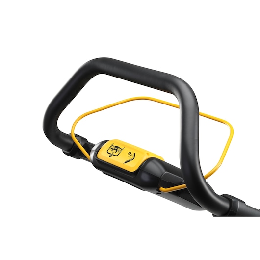 Close-up view of the handle and control panel of a DEWALT lawn mower, featuring a black and yellow design.
