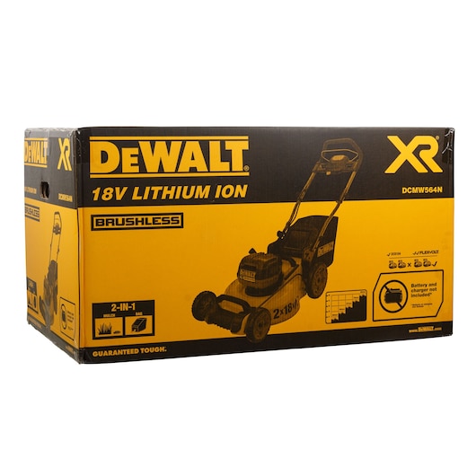 Box packaging for a DEWALT 18V Lithium Ion cordless brushless lawn mower, model DCMW564N. The box is predominantly yellow and black, showing an image of the lawn mower and highlighting features such as 2-in-1 mulch and bagging, and stating that the battery and charger are not included.