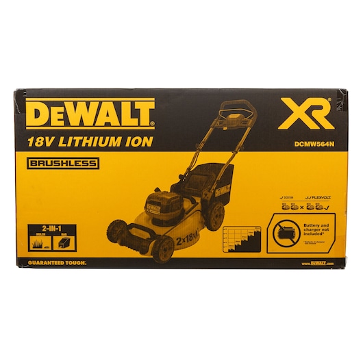 Packaging box of a DEWALT 18V Lithium Ion cordless brushless lawn mower, model DCMW564N. The box highlights features such as 2-in-1 mulch and bag functions. Battery and charger are not included.