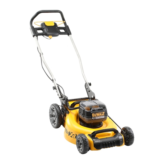 DEWALT yellow cordless lawn mower with black handle, wheels, and a battery on white background.