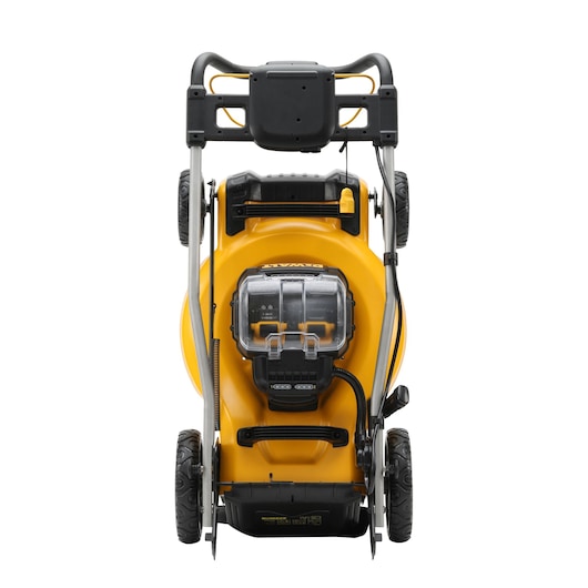 Folded DEWALT DCMW564P2 yellow lawn mower viewed from the front against a white background.