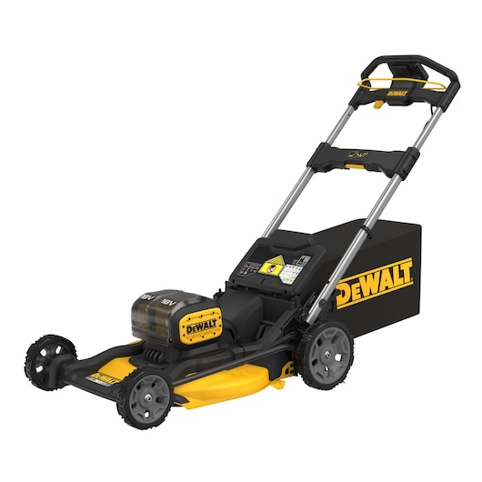 DEWALT cordless lawn mower with 18V battery, brushless motor, and grass catcher. Black and yellow design.