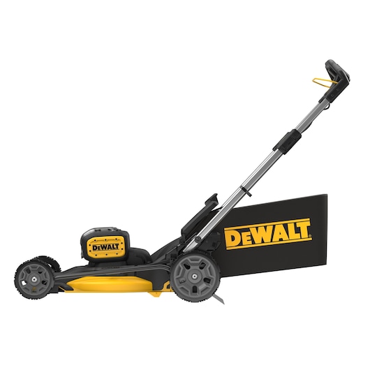 DEWALT cordless lawn mower with yellow and black design, side view, grass collection bag attached.