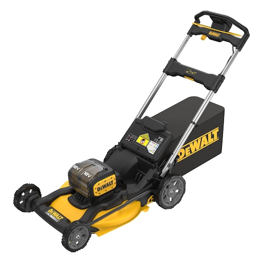 DEWALT yellow and black cordless lawn mower with grass box and adjustable handle.