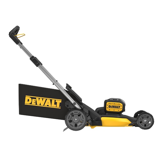Side view of a DEWALT cordless lawn mower with a large grass bag and sturdy wheels.