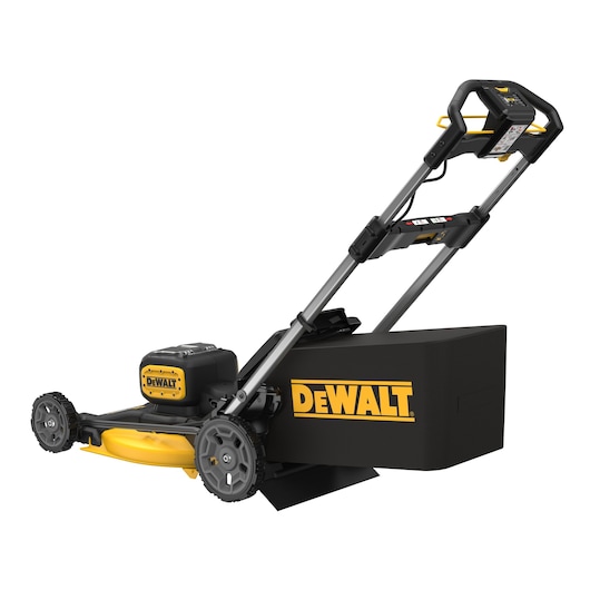 DEWALT cordless lawn mower with grass collection bag, black and yellow design, side view.