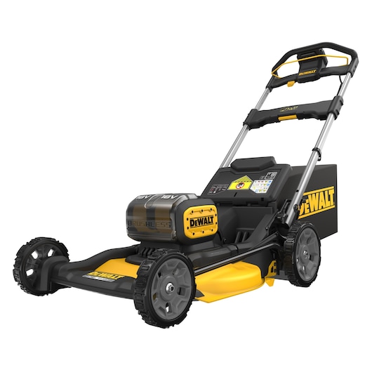 DEWALT cordless lawn mower with brushless motor and yellow-black design, shown from an angle on a white background.