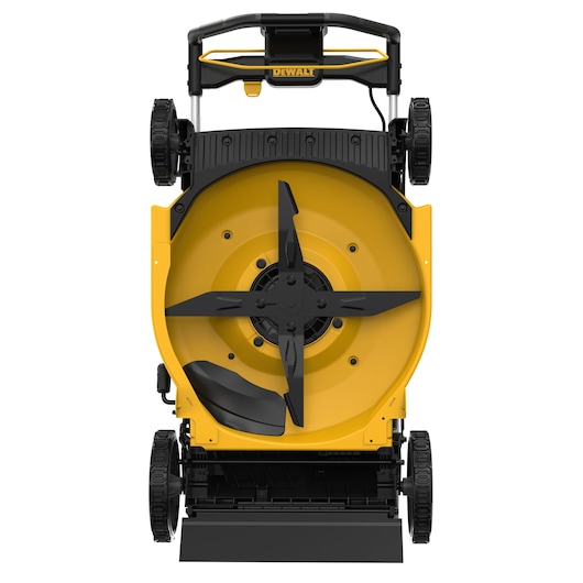 Bottom view of a DEWALT lawn mower showing blades and wheels, mostly in yellow and black colors.