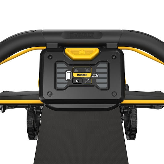 Close-up of DEWALT DCMWP134N mower handle and control panel with yellow power button and display icons.