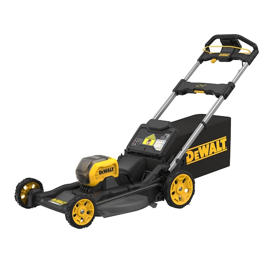DEWALT cordless lawn mower with yellow and black design and grass collection box.