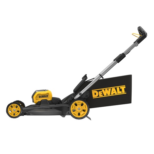 Cordless DEWALT lawn mower with yellow wheels, battery and grass bag, side view on white background.