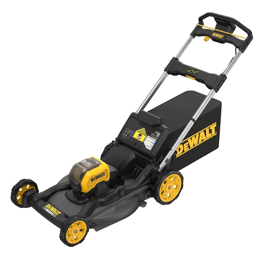 DEWALT cordless lawn mower with yellow and black design, rear grass box, and adjustable handle.