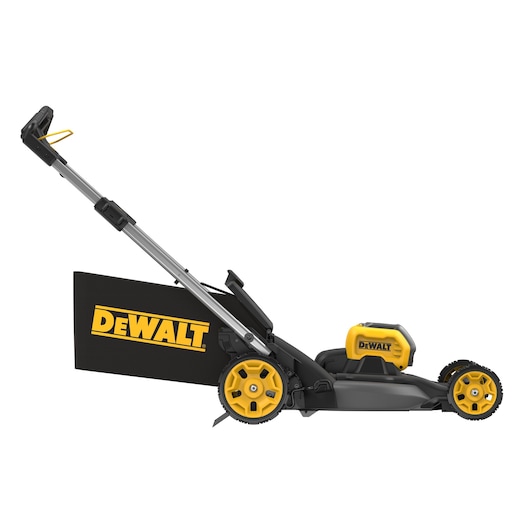 DEWALT cordless lawn mower with yellow wheels and black grass bag, shown from side view.