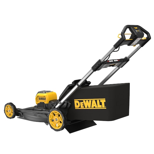 DEWALT cordless lawn mower with yellow accents and collection bag, side view on white background.