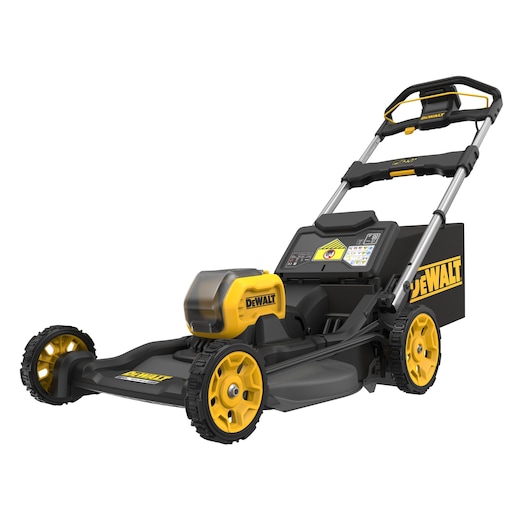 DEWALT cordless lawn mower with yellow wheels and handle, shown on a white background.