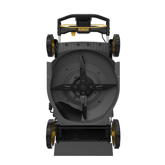 Bottom view of a DEWALT cordless lawn mower, showing blade and wheels.