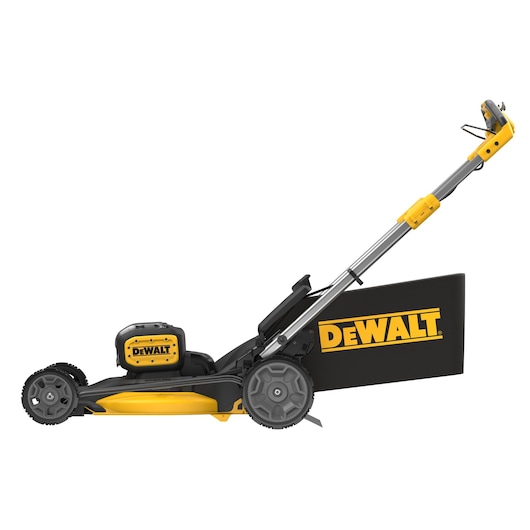 DEWALT cordless lawn mower with yellow and black design, side view, grass catcher attached.