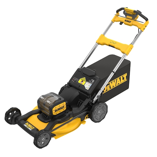 DEWALT cordless lawn mower with yellow and black design, 18V battery, rear grass collection bag, and ergonomic handle.