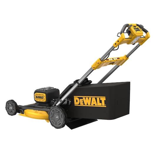 DEWALT cordless lawn mower with yellow and black design and large grass collection box.