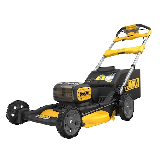 DEWALT cordless lawn mower with yellow and black design, featuring large wheels and ergonomic handles.