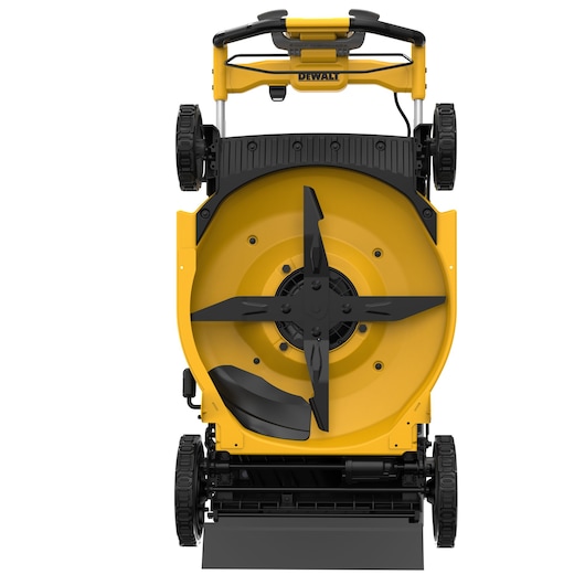 Bottom view of a yellow DEWALT lawn mower showing the cutting blades and wheel structure.