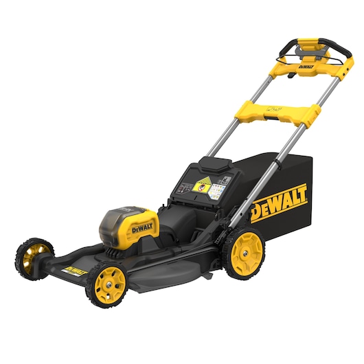 Yellow and black DEWALT cordless lawn mower with handle and grass collection box.