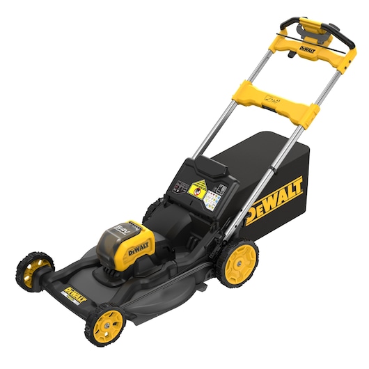 Yellow and black DEWALT cordless lawn mower with bag, handle, and four wheels, shown on a white background.