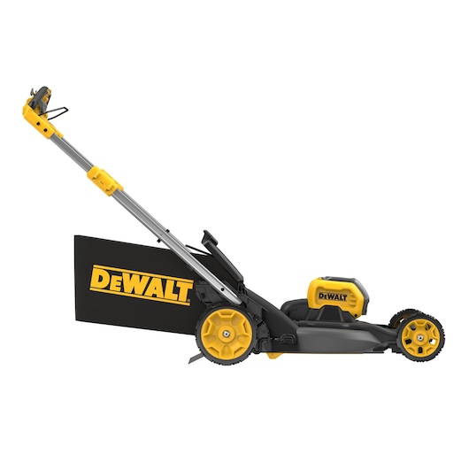 DEWALT cordless lawn mower with yellow wheels and handle, side view, grass bag attached.