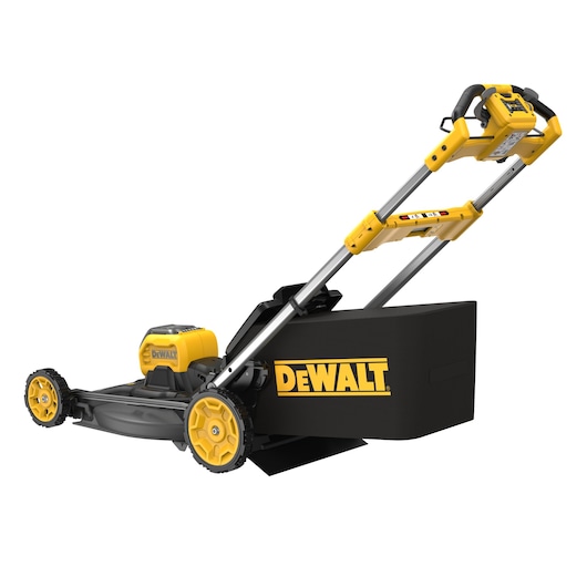 Yellow and black DEWALT lawn mower with large collection box and adjustable handle.