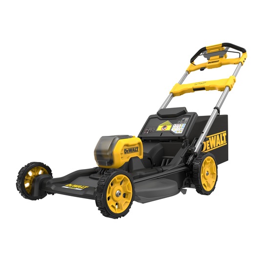 DEWALT cordless lawn mower with yellow and black design, large wheels, and handle shown on white background.