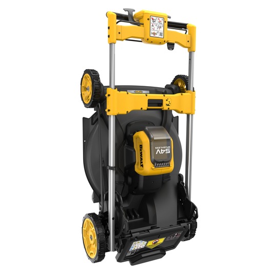 DEWALT cordless lawn mower in upright folded position, showing yellow and black design with wheels and handle.