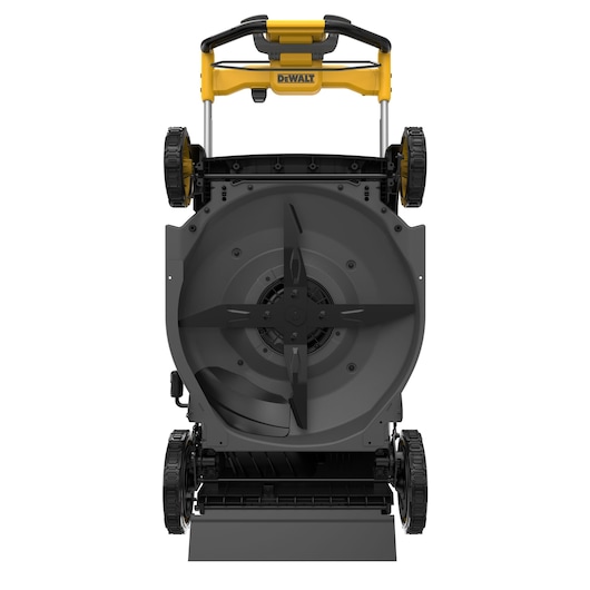 Bottom view of DEWALT lawn mower showing blade, wheels, and handle in a vertical position.