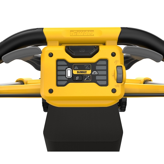 Close-up of DEWALT DCMWSP550 lawn mower control panel with buttons and indicators.
