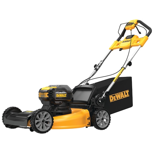DEWALT cordless lawn mower with a yellow and black design, large rear grass collection bag, and ergonomic handle.