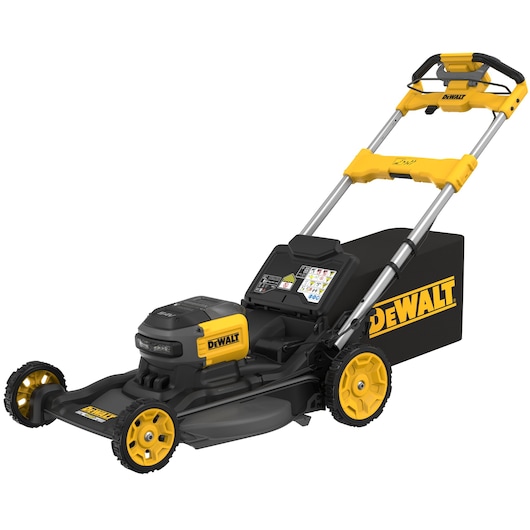 A DEWALT cordless electric lawn mower with a black and yellow design, featuring a sturdy handle and a large grass collection bag.