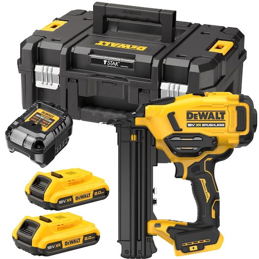 DEWALT 18V XR brushless nailer kit with two batteries, charger, and TSTAK storage case shown.