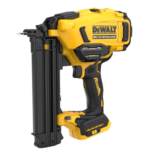 DEWALT 18V XR brushless cordless nail gun in yellow and black.