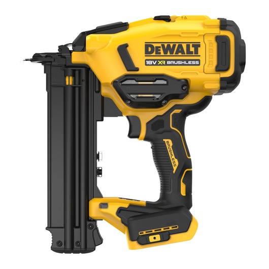 DEWALT 18V XR Brushless nail gun, yellow and black, side view. Cordless design for professional tasks.